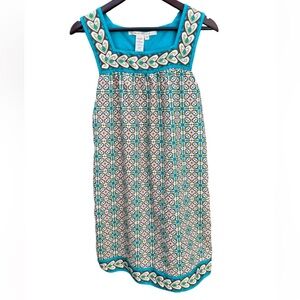Max Studio Relaxed Fit Shift Dress Teal Print Boho Festival Size Small